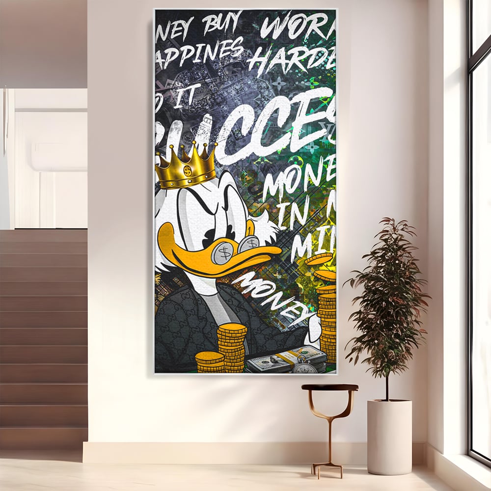 Tablou canvas cu tablou canvas cu rata stilizata si bani, in rama de aluminiu argintiu